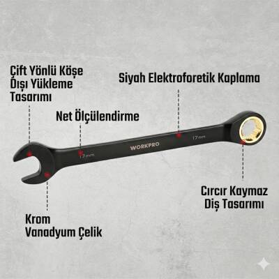 WORKPRO WP202602 8-19mm 9 Parça CR-V Profesyonel Cırcır Kombine Anahtar Takımı + Bez Taşıma Kılıfı - 8