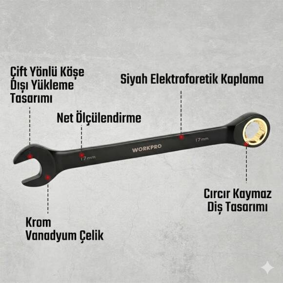 WORKPRO WP202602 8-19mm 9 Parça CR-V Profesyonel Cırcır Kombine Anahtar Takımı + Bez Taşıma Kılıfı - 8