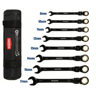 WORKPRO WP202603 8-17mm 8 Parça CR-V Profesyonel Mafsallı Cırcır Kombine Anahtar Takımı + Bez Taşıma Kılıfı - Workpro