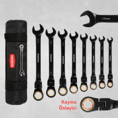 WORKPRO WP202603 8-17mm 8 Parça CR-V Profesyonel Mafsallı Cırcır Kombine Anahtar Takımı + Bez Taşıma Kılıfı - 3
