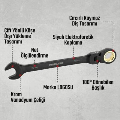 WORKPRO WP202603 8-17mm 8 Parça CR-V Profesyonel Mafsallı Cırcır Kombine Anahtar Takımı + Bez Taşıma Kılıfı - 9