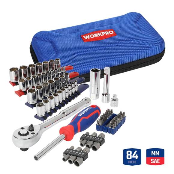 WORKPRO WP209006 84 Parça 3/8’’ 1/4’’ CR-V Metrik/İnç Profesyonel Lokma ve Bits Uç Takımı - 1