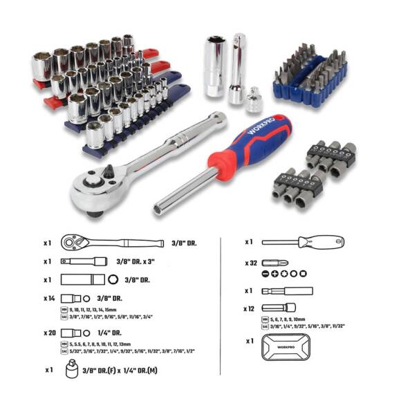 WORKPRO WP209006 84 Parça 3/8’’ 1/4’’ CR-V Metrik/İnç Profesyonel Lokma ve Bits Uç Takımı - 3