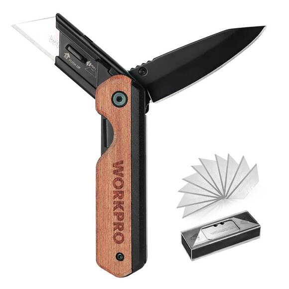 WORKPRO WP211015 2-IN-1 Ahşap Saplı Profesyonel Cep Çakısı & Katlanır Rötuş Maket Bıçağı + 11 Adet Yedek Bıçak - 2