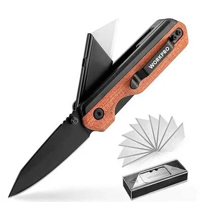 WORKPRO WP211015 2-IN-1 Ahşap Saplı Profesyonel Cep Çakısı & Katlanır Rötuş Maket Bıçağı + 11 Adet Yedek Bıçak - 3
