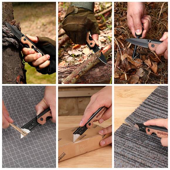 WORKPRO WP211015 2-IN-1 Ahşap Saplı Profesyonel Cep Çakısı & Katlanır Rötuş Maket Bıçağı + 11 Adet Yedek Bıçak - 4