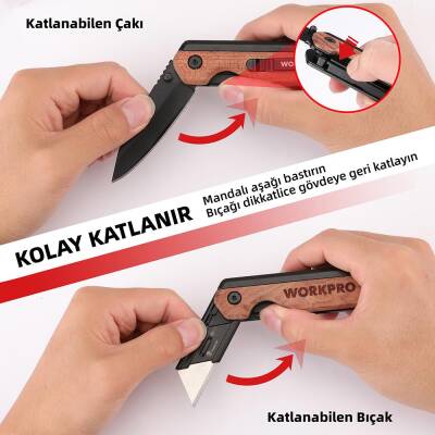 WORKPRO WP211015 2-IN-1 Ahşap Saplı Profesyonel Cep Çakısı & Katlanır Rötuş Maket Bıçağı + 11 Adet Yedek Bıçak - 5