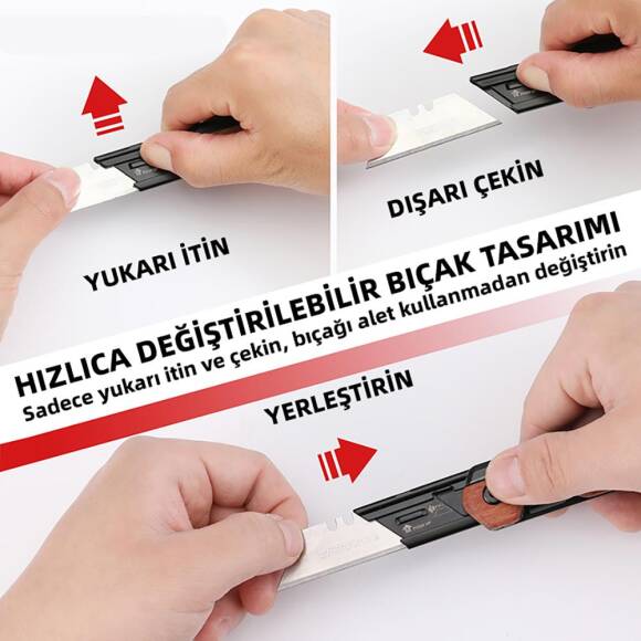 WORKPRO WP211015 2-IN-1 Ahşap Saplı Profesyonel Cep Çakısı & Katlanır Rötuş Maket Bıçağı + 11 Adet Yedek Bıçak - 6