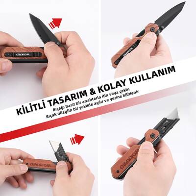 WORKPRO WP211015 2-IN-1 Ahşap Saplı Profesyonel Cep Çakısı & Katlanır Rötuş Maket Bıçağı + 11 Adet Yedek Bıçak - 7