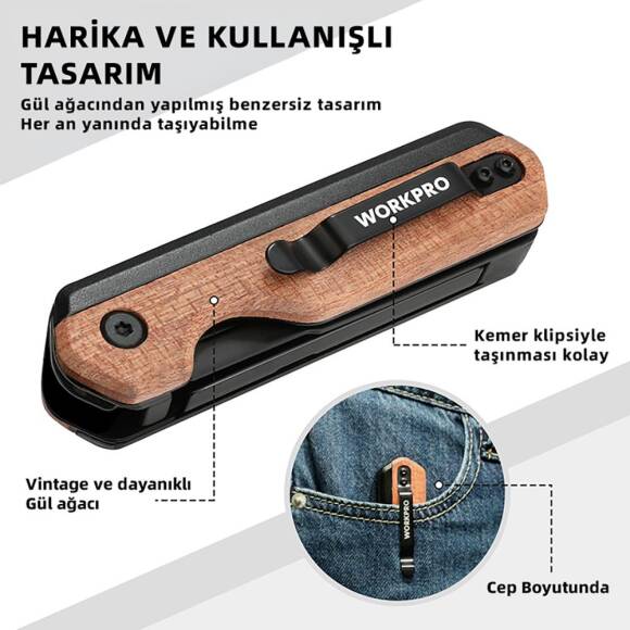 WORKPRO WP211015 2-IN-1 Ahşap Saplı Profesyonel Cep Çakısı & Katlanır Rötuş Maket Bıçağı + 11 Adet Yedek Bıçak - 8