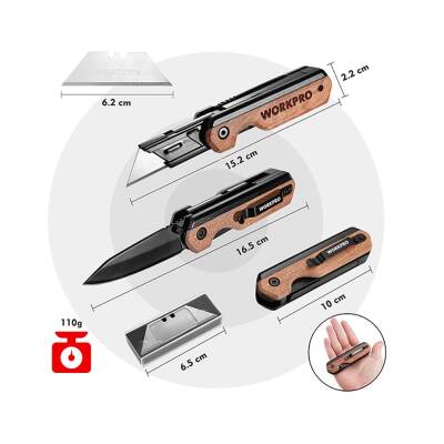 WORKPRO WP211015 2-IN-1 Ahşap Saplı Profesyonel Cep Çakısı & Katlanır Rötuş Maket Bıçağı + 11 Adet Yedek Bıçak - 9