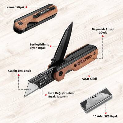 WORKPRO WP211015 2-IN-1 Ahşap Saplı Profesyonel Cep Çakısı & Katlanır Rötuş Maket Bıçağı + 11 Adet Yedek Bıçak - 10