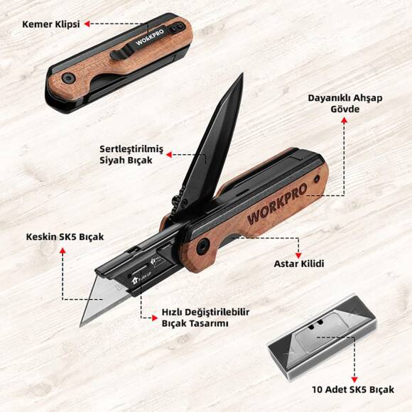 WORKPRO WP211015 2-IN-1 Ahşap Saplı Profesyonel Cep Çakısı & Katlanır Rötuş Maket Bıçağı + 11 Adet Yedek Bıçak - 10