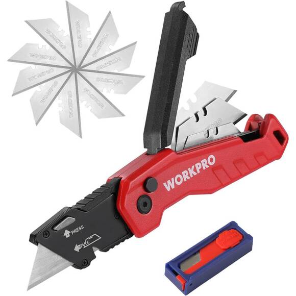WORKPRO WP211026 Katlanır Çok Amaçlı Profesyonel Rötuş Maket Bıçağı + 14 Adet Yedek Bıçak - 1