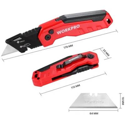 WORKPRO WP211026 Katlanır Çok Amaçlı Profesyonel Rötuş Maket Bıçağı + 14 Adet Yedek Bıçak - Workpro (1)