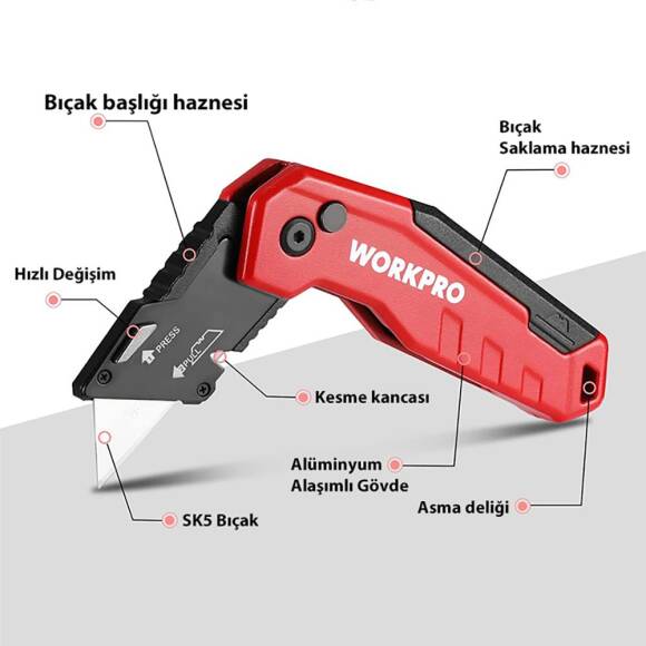 WORKPRO WP211026 Katlanır Çok Amaçlı Profesyonel Rötuş Maket Bıçağı + 14 Adet Yedek Bıçak - 3