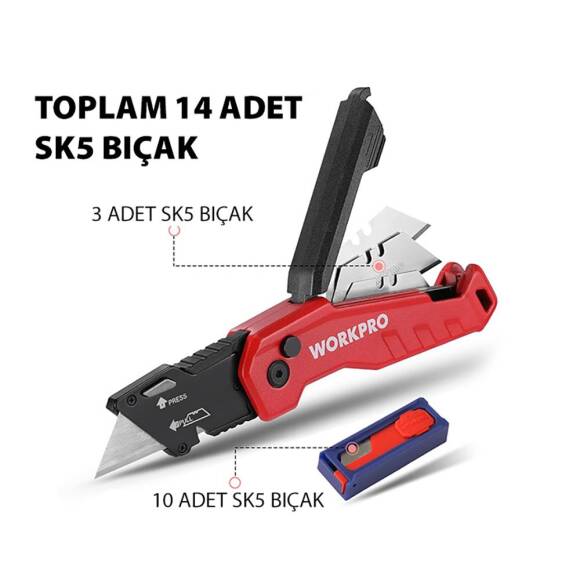 WORKPRO WP211026 Katlanır Çok Amaçlı Profesyonel Rötuş Maket Bıçağı + 14 Adet Yedek Bıçak - 4