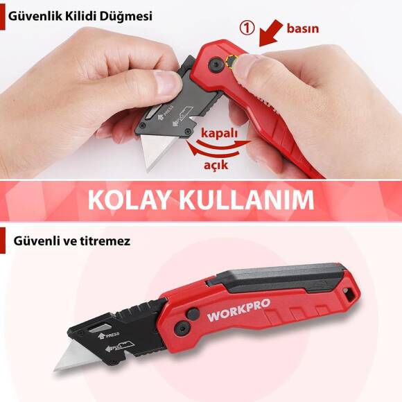 WORKPRO WP211026 Katlanır Çok Amaçlı Profesyonel Rötuş Maket Bıçağı + 14 Adet Yedek Bıçak - 6