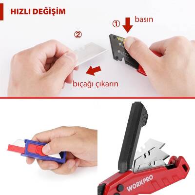 WORKPRO WP211026 Katlanır Çok Amaçlı Profesyonel Rötuş Maket Bıçağı + 14 Adet Yedek Bıçak - 7
