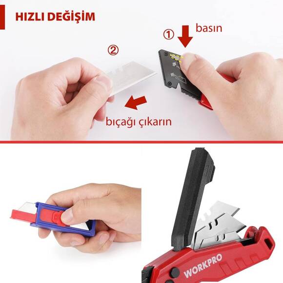 WORKPRO WP211026 Katlanır Çok Amaçlı Profesyonel Rötuş Maket Bıçağı + 14 Adet Yedek Bıçak - 7