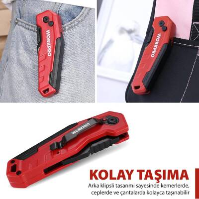 WORKPRO WP211026 Katlanır Çok Amaçlı Profesyonel Rötuş Maket Bıçağı + 14 Adet Yedek Bıçak - 8