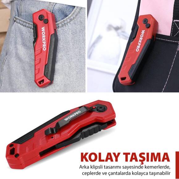 WORKPRO WP211026 Katlanır Çok Amaçlı Profesyonel Rötuş Maket Bıçağı + 14 Adet Yedek Bıçak - 8