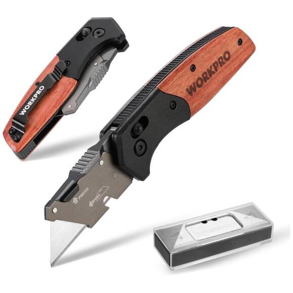 WORKPRO WP211035 Ağır Hizmet Çelik/Ahşap Gövde Katlanır Rötuş Maket Bıçağı + 11 Adet Yedek Bıçak - 1