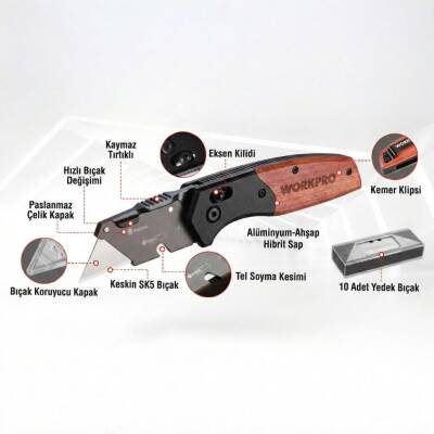WORKPRO WP211035 Ağır Hizmet Çelik/Ahşap Gövde Katlanır Rötuş Maket Bıçağı + 11 Adet Yedek Bıçak - 3