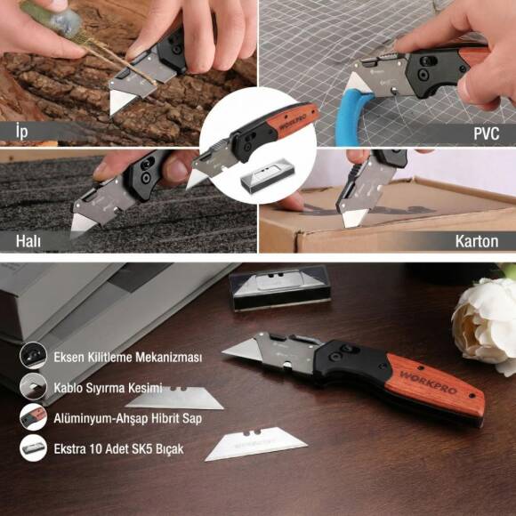 WORKPRO WP211035 Ağır Hizmet Çelik/Ahşap Gövde Katlanır Rötuş Maket Bıçağı + 11 Adet Yedek Bıçak - 10