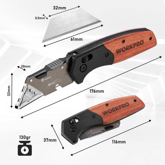 WORKPRO WP211035 Ağır Hizmet Çelik/Ahşap Gövde Katlanır Rötuş Maket Bıçağı + 11 Adet Yedek Bıçak - 2