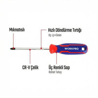 WORKPRO WP221036 PZ1x100mm CR-V Manyetik Profesyonel Yıldız Tornavida - 7