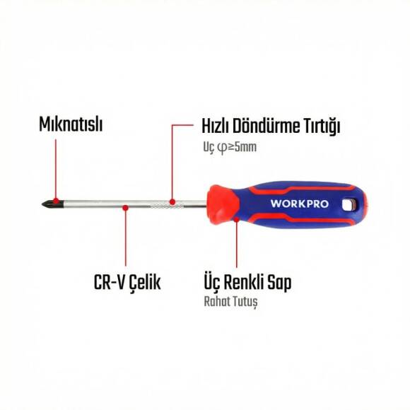 WORKPRO WP221037 PZ2x100mm CR-V Manyetik Profesyonel Yıldız Tornavida - 7