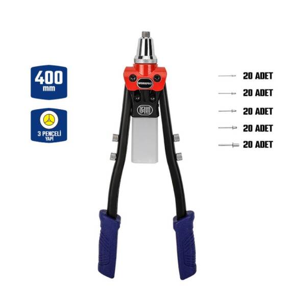 WORKPRO WP225001 5 IN 1 400mm Kollu Profesyonel Perçin Tabancası + 100 Adet Perçin - 1