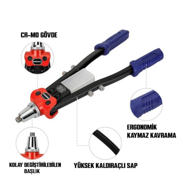 WORKPRO WP225001 5 IN 1 400mm Kollu Profesyonel Perçin Tabancası + 100 Adet Perçin - 2