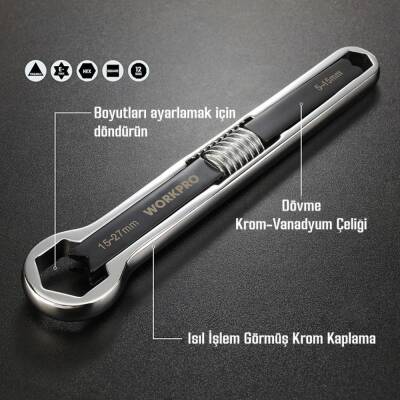 WORKPRO WP272016 5/27mm CR-V Üniversal Ayarlanabilir Çift Başlı Anahtar - 9