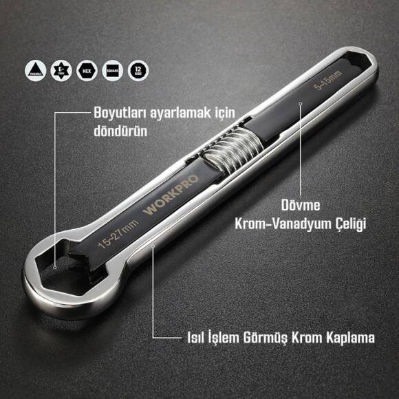 WORKPRO WP272016 5/27mm CR-V Üniversal Ayarlanabilir Çift Başlı Anahtar - 9