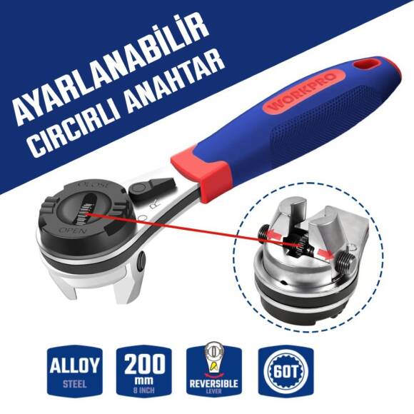 WORKPRO WP272063 7-22mm CR-V Profesyonel Ayarlanabilir 200mm Cırcır Anahtar - 1