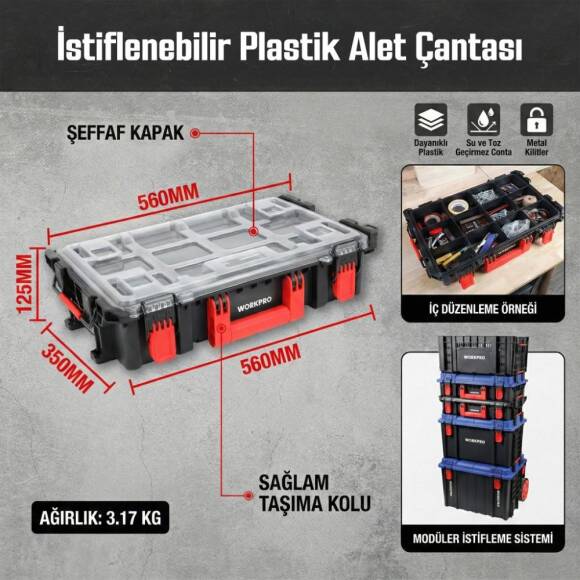 WORKPRO WP283029 24Lt 12 Gözlü Şeffaf Kapaklı İstiflenebilir 56x35x12,5cm Profesyonel Organizer Takım Çantası - 7