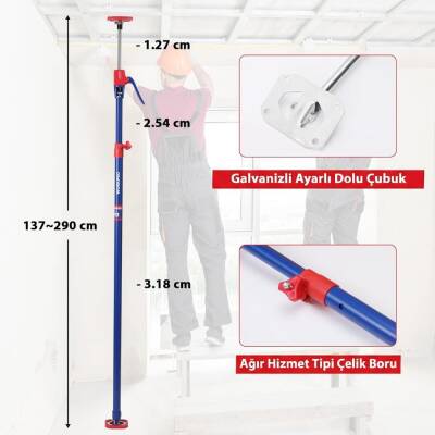 WORKPRO WP289034 137-290cm 70Kg Teleskobik Mandallı Ayarlanabilir 2’Li Çelik Destek Direği + Taşıma Çantası - 8