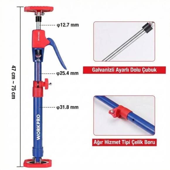 WORKPRO WP289036 47-75cm 70Kg Teleskobik Mandallı Ayarlanabilir 2’Li Çelik Destek Direği + Taşıma Çantası - 2