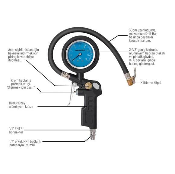 WORKPRO WP314063 16Bar Yağlı Basınç Göstergeli Profesyonel Havalı Lastik Şişirme Tabancası - 3