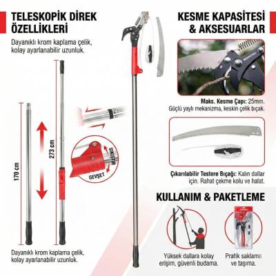 WORKPRO WP333006 270cm 2 IN 1 Teleskobik Saplı Profesyonel Ağaç Budama Testeresi ve 25mm Dal Budama Makası - 10