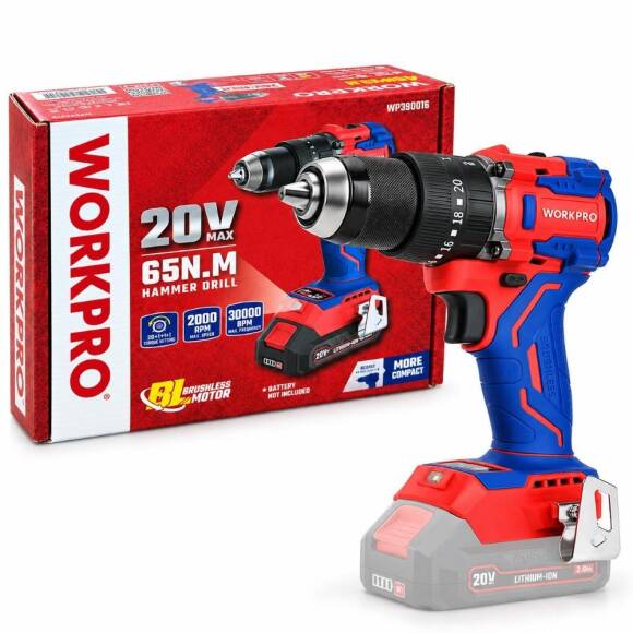 WORKPRO WP390016 20Volt 65Nm. Kömürsüz Profesyonel Şarjlı Darbeli Matkap (Akü Dahil Değildir) - 1