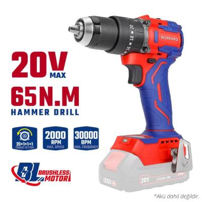 WORKPRO WP390016 20Volt 65Nm. Kömürsüz Profesyonel Şarjlı Darbeli Matkap (Akü Dahil Değildir) - 10