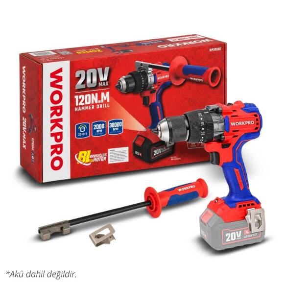 WORKPRO WP390017 20Volt 120Nm. Kömürsüz Profesyonel Şarjlı Darbeli Matkap (Akü Dahil Değildir) - 1