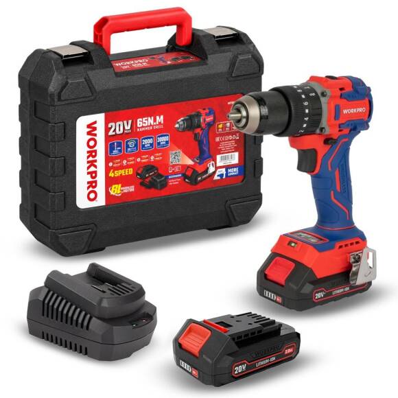 WORKPRO WP390019 20Volt 2.0Ah Li-ion 65Nm. Çift Akülü Kömürsüz Profesyonel Şarjlı Darbeli Matkap - 1