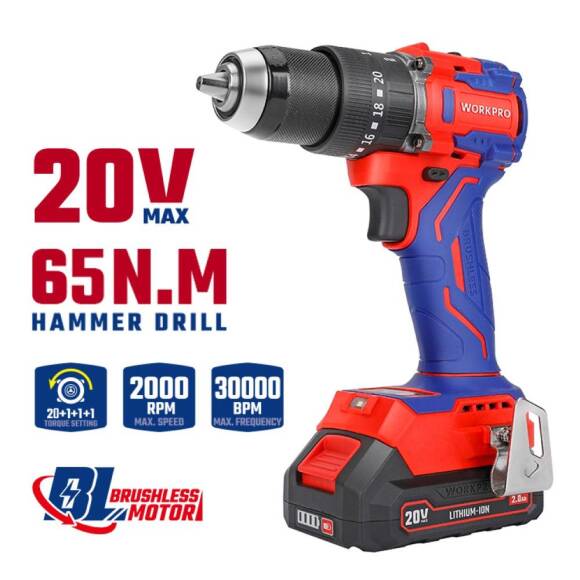 WORKPRO WP390019 20Volt 2.0Ah Li-ion 65Nm. Çift Akülü Kömürsüz Profesyonel Şarjlı Darbeli Matkap - 10