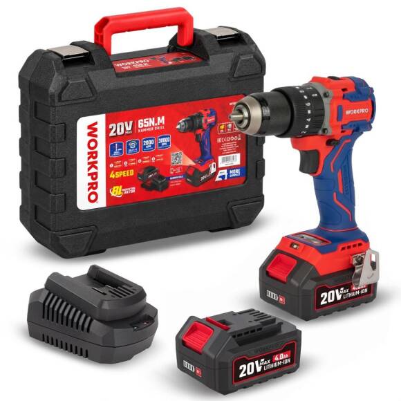 WORKPRO WP390020 20Volt 4.0Ah Li-ion 65Nm. Çift Akülü Kömürsüz Profesyonel Şarjlı Darbeli Matkap - 1