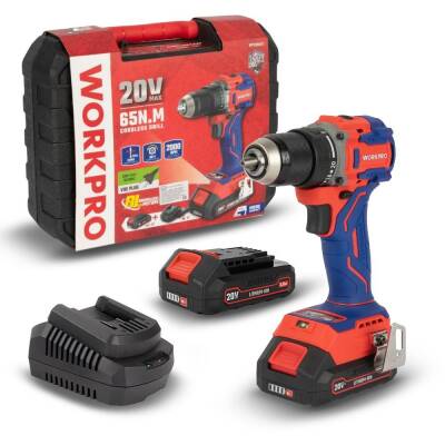 WORKPRO WP390022 20Volt 2.0Ah Li-ion 65Nm. Çift Akülü Kömürsüz Profesyonel Şarjlı Matkap - Workpro