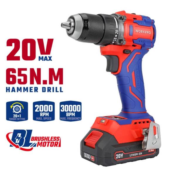 WORKPRO WP390022 20Volt 2.0Ah Li-ion 65Nm. Çift Akülü Kömürsüz Profesyonel Şarjlı Matkap - 9